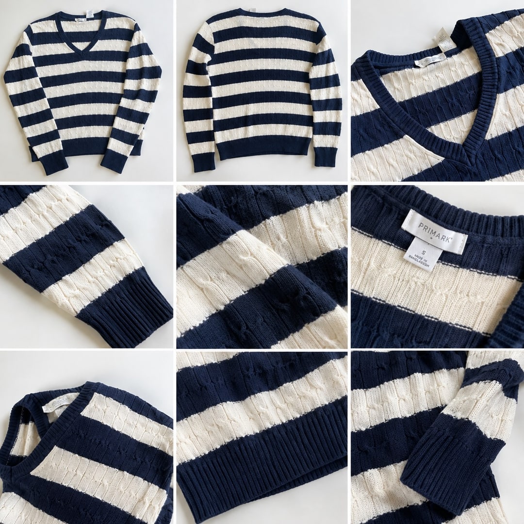 Christmas blue white striped cable knitwear jumper, photo 2